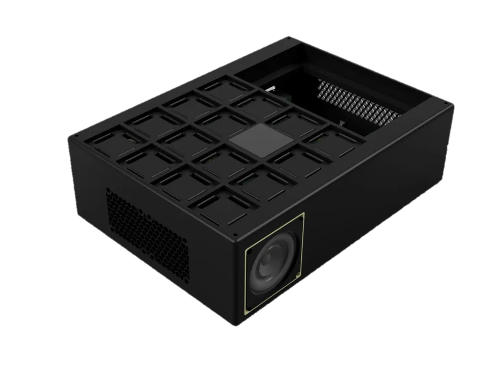 Rendu 3D du boîtier fermé avec la grille des 16 pads